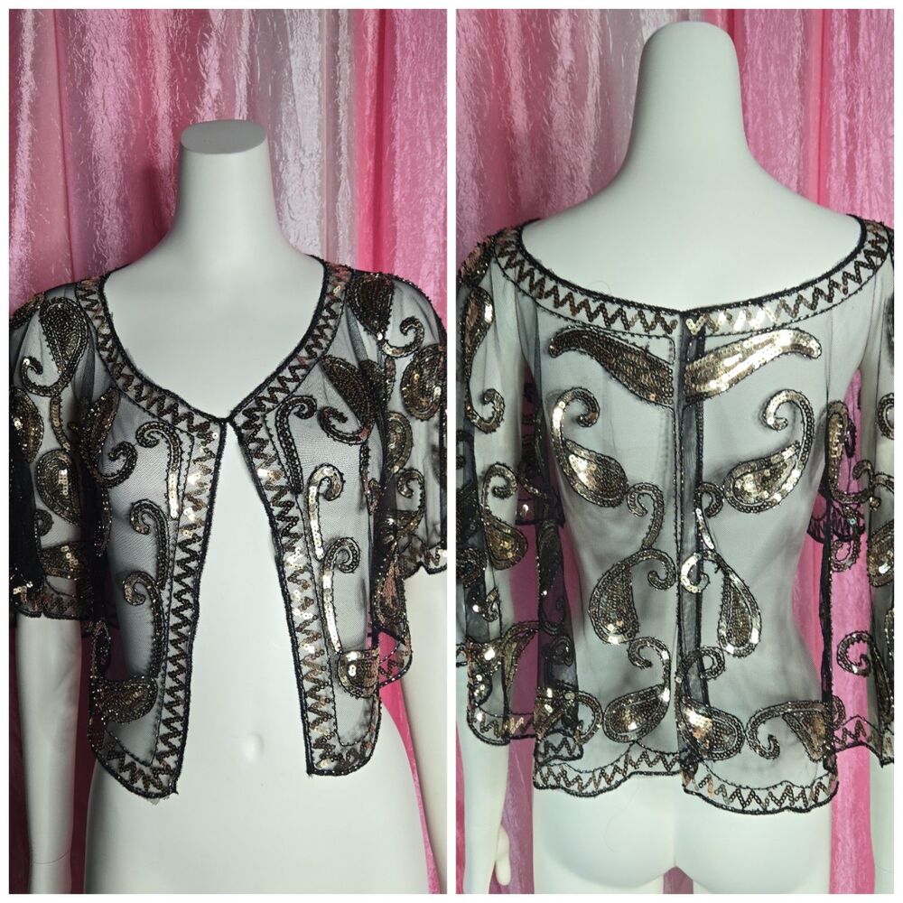 Exquisite Black Gold Sequin Lace Bolero Capelet One Size
